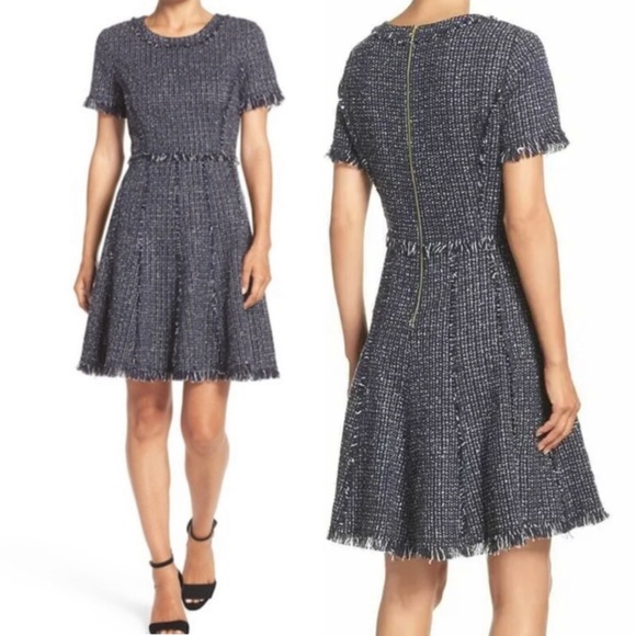 ELIZA J tweed fit flare fit frayed detail blue dress women Size 12 - Picture 1 of 13